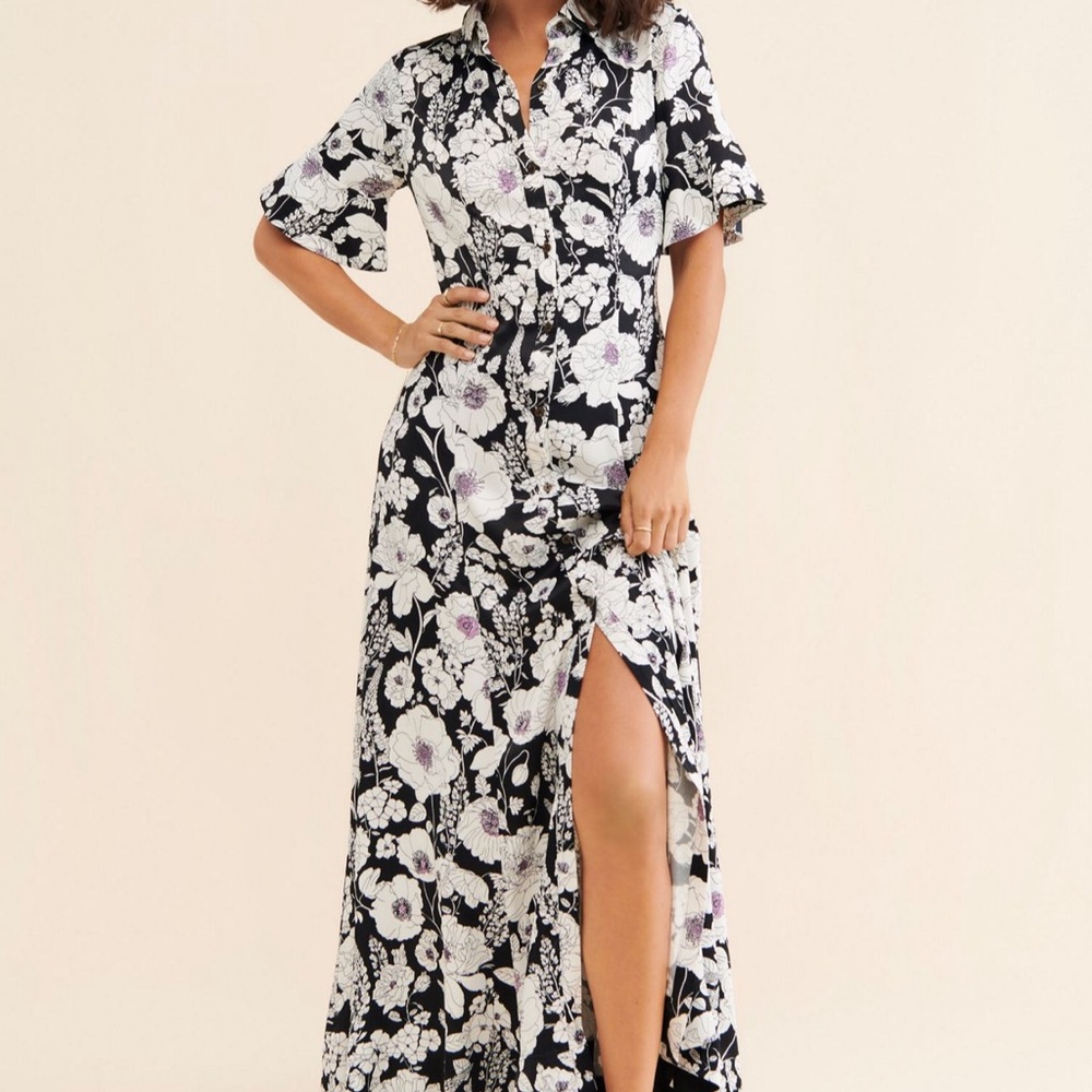 Anthropologie Black and White Maxi Dress with Flutter Sleeves